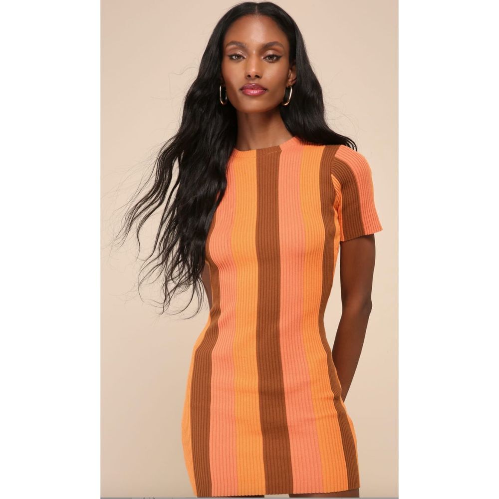 Lulus Definitely Cool Orange Striped Ribbed Short Sleeve Mini Dress NWT